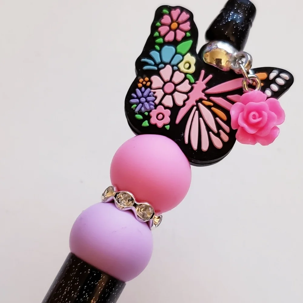 Handmade Pink Flower Butterfly Beaded Silicone Focal Bead Pen